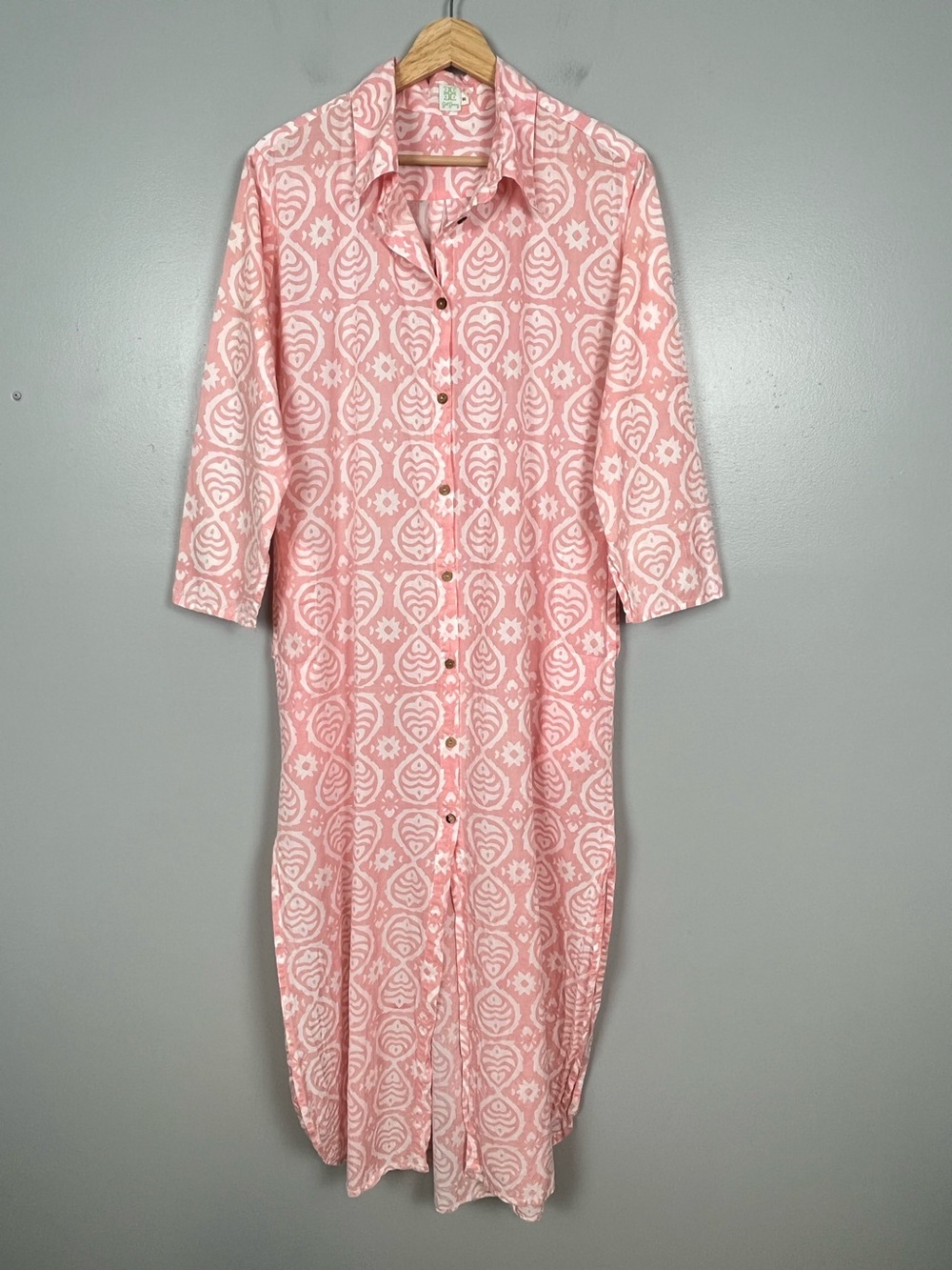 Just Darviny pink & white print button front long 3/4 sleeve caftan dress, M.
